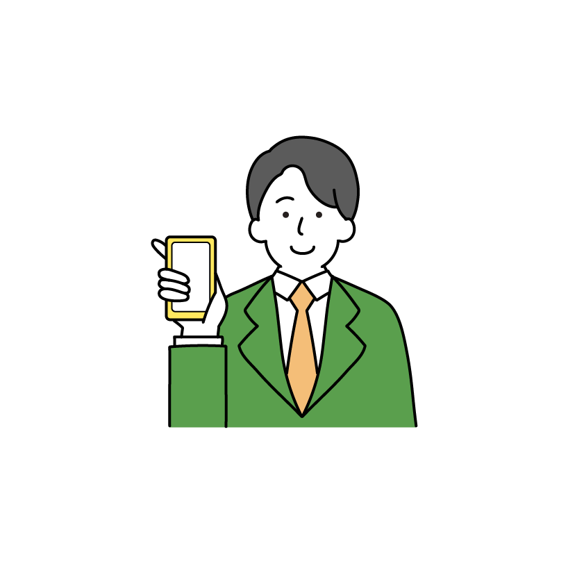 スマホを見せる会社員のイラスト（男性・若い）