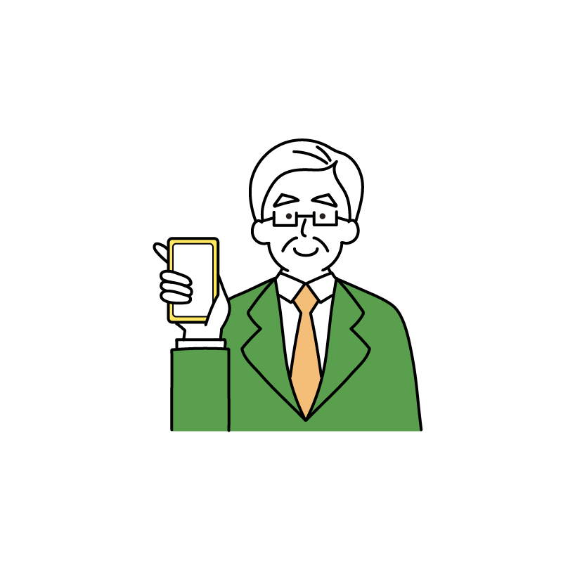 スマホを見せる会社員のイラスト（男性・シニア）