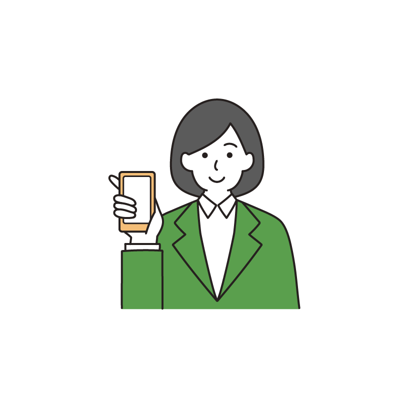 スマホを見せる会社員のイラスト（女性・若い）